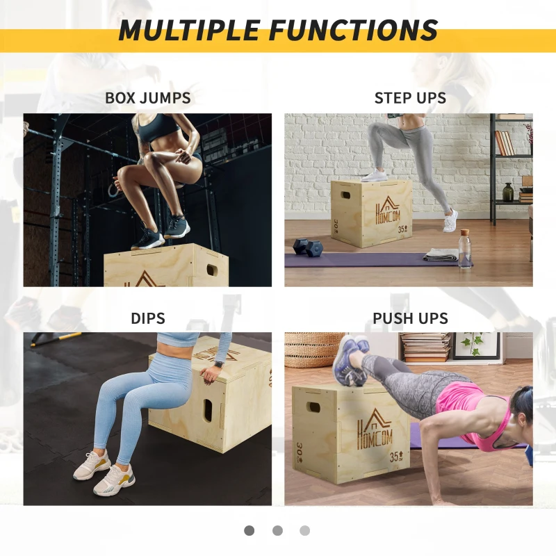HOMCOM 3-in-1 Wooden Plyo Box, Plyometric Jump Box with Handle Openings for Home Gym, 12" x 14" x 16", Natural