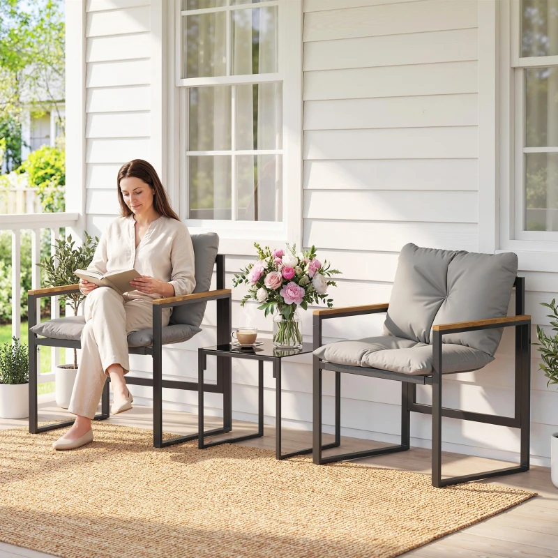 Outsunny Set Tavolo e Sedie da Esterno per 3 Persone in Metallo con Cuscini Spessi, Multicolore