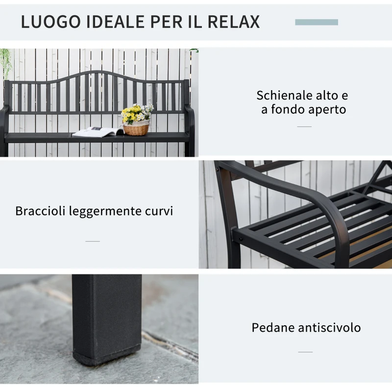 Outsunny Panchina da Giardino 3 Posti a Doghe con Tavolino Sollevabile, in Metallo, 150x58.5x90 cm, Nero