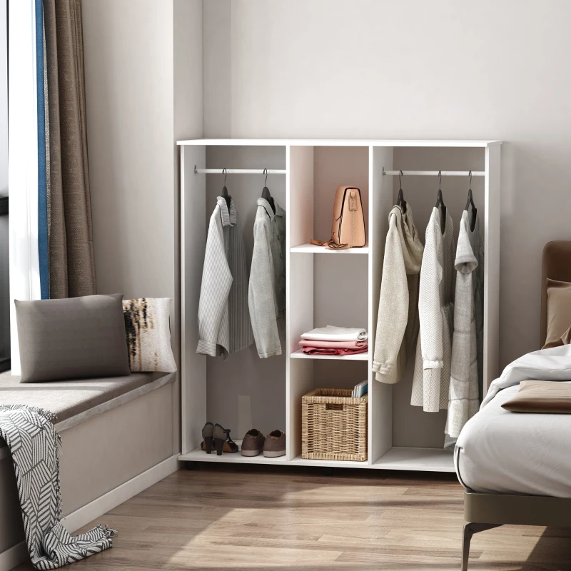 HOMCOM Armadio Guardaroba a Rotelle con 2 Barre e 3 Ripiani Aperti, in Legno e Alluminio, 120x40x128 cm, Bianco