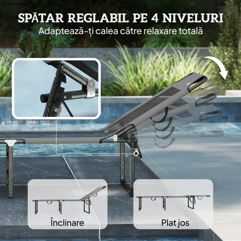 Outsunny Șezlong de Exterior Reglabil 4 Poziții, Scaun Pliabil cu Mâner, Gri.
