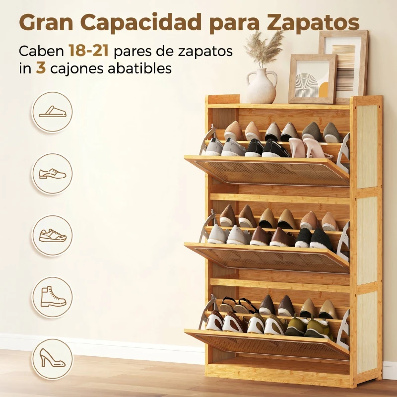 HOMCOM Zapatero Estrecho de Bambú con 3 Cajones Abatibles de Ratán para 18-21 Pares de Zapatos 69x29x119,8 cm Natural