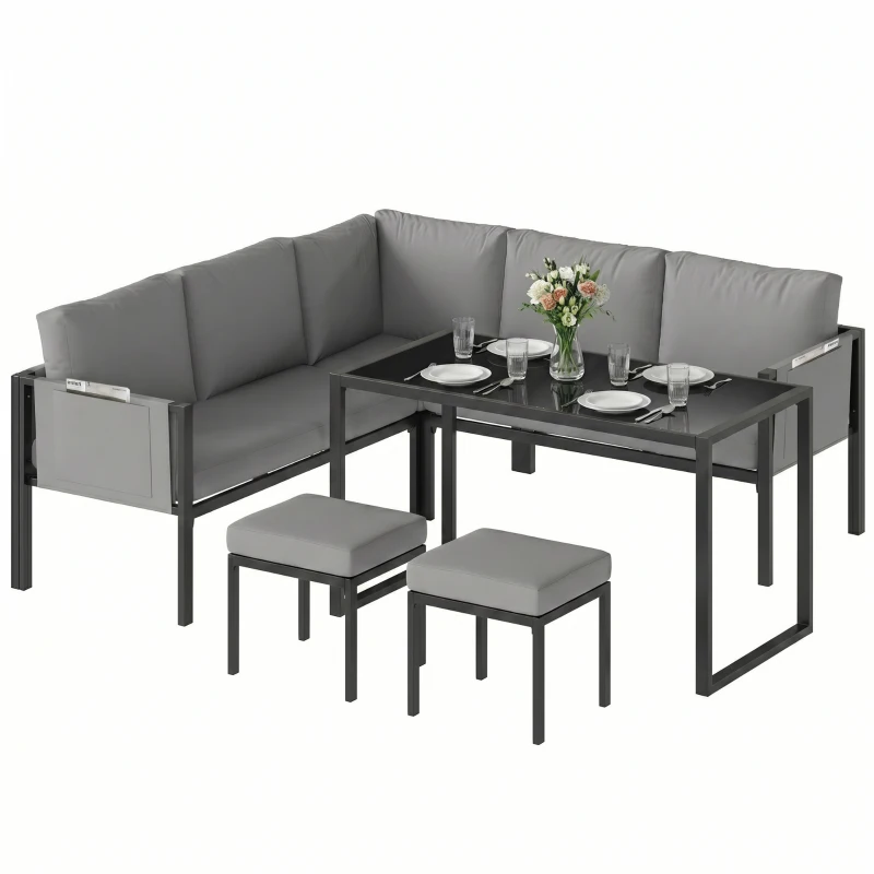 Outsunny Salon de Jardin Canapé d'Angle Extérieur 6 Pièces Coussins 10cm Table Haute et 2 Repose-pieds Gris