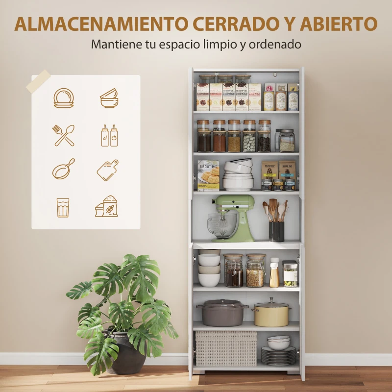 HOMCOM Alacena de Cocina con 4 Puertas Compartimento Abierto Estantes Ajustables 68x34x180 cm Blanco Brillo