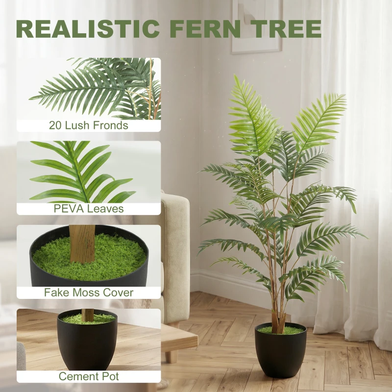 HOMCOM Artificial Fern Topiary Tree, Realistic Artificial Plant in Cement Pot, Fake Plant, 120cm