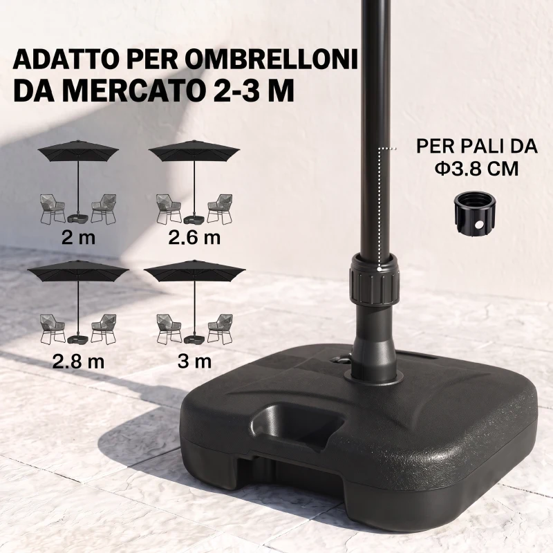 Outsunny Base per Ombrellone da Giardino in HDPE, Base per Ombrellone con Maniglia, Supporto per Pali Ø38mm, Riempibile con 20 kg di Acqua e 30 kg di Sabbia, per Giardino Piscina, Nero