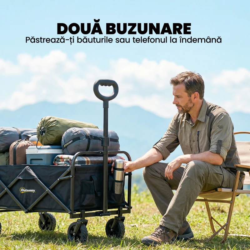 Outsunny Cărucior de Grădină 72L Pliabil cu Mâner Reglabil, din Oțel și Material Oxford, 114x46x92 cm, Negru