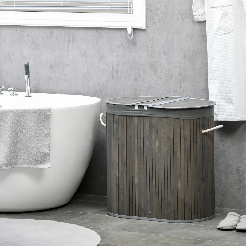 HOMCOM 100 L Wäschekorb mit Deckel, Griff, 2 Abschnitte, herausnehmbarer Wäschesack, für Schlafzimmer, Badezimmer, Bambus, Grau