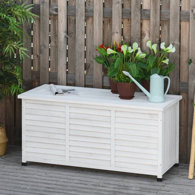 Outsunny Baúl de Almacenaje Exterior 284L Arcón de Jardín de Madera Impermeable con Tapa Abrible y Diseño Persiana 127x56x60 cm Blanco