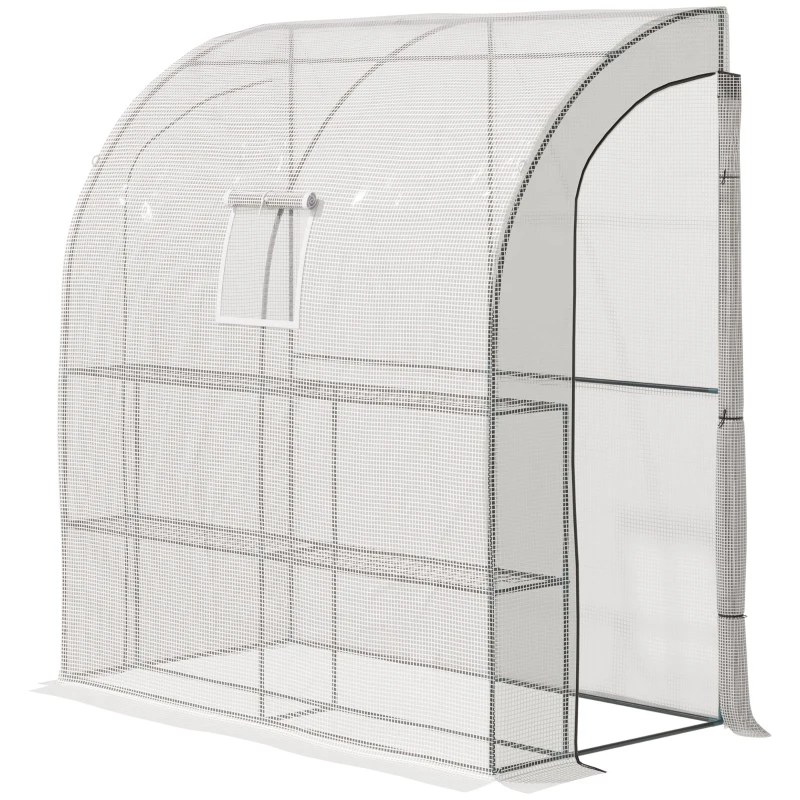 Outsunny Walk-In Lean to Wall Greenhouse with Windows and Doors, Outdoor Green House with 3 Tiers 4 Wired Shelves, 200L x 100W x 215Hcm, White