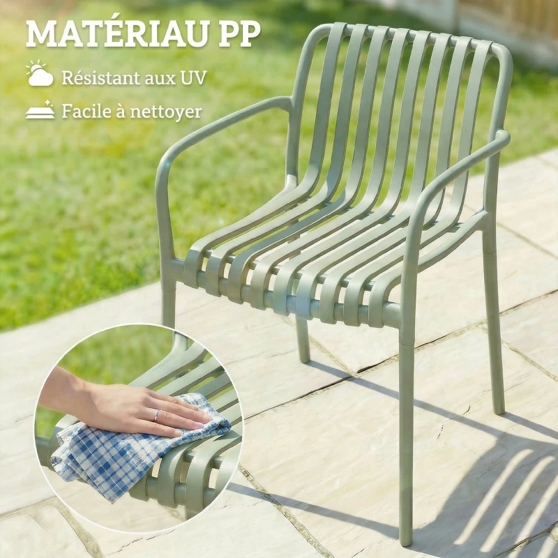 Outsunny Lot de 4 Chaises de Jardin Empilables en Polypropylène Anti-UV Accoudoirs et Dossier à Lattes Ergonomique Gris Vert