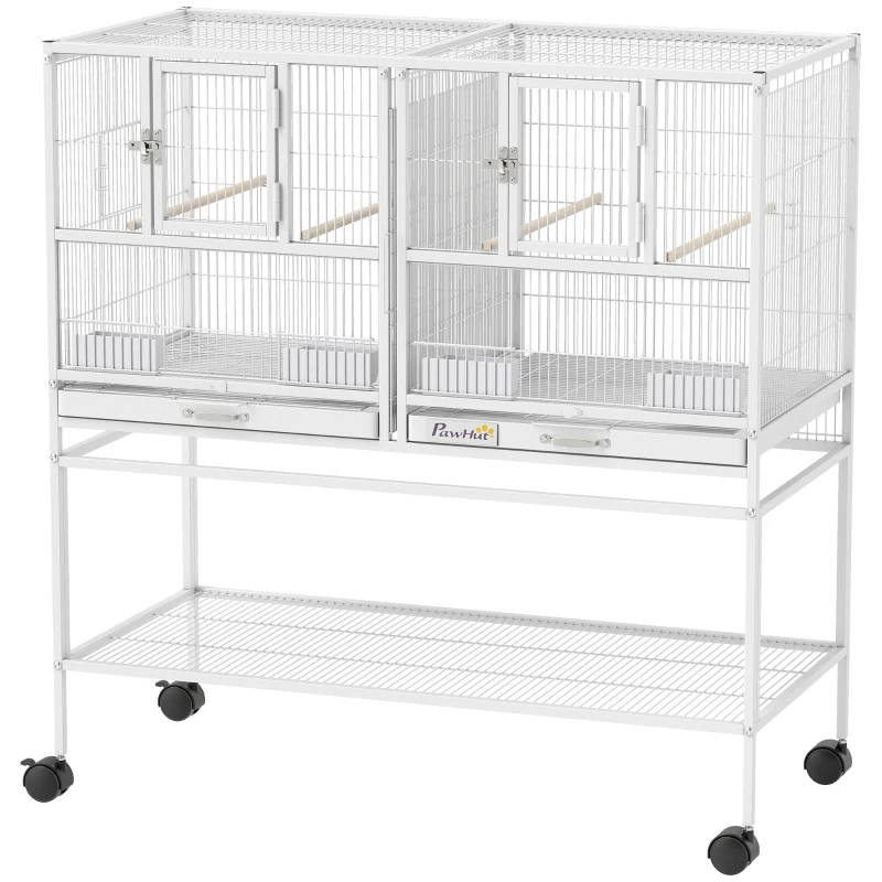 PawHut Gaiola para Pássaros Grande com Divisor Rodas 4 Comedouros 4 Poleiros Prateleira 2 Bandejas Removíveis 95x45,5x102 cm Branco