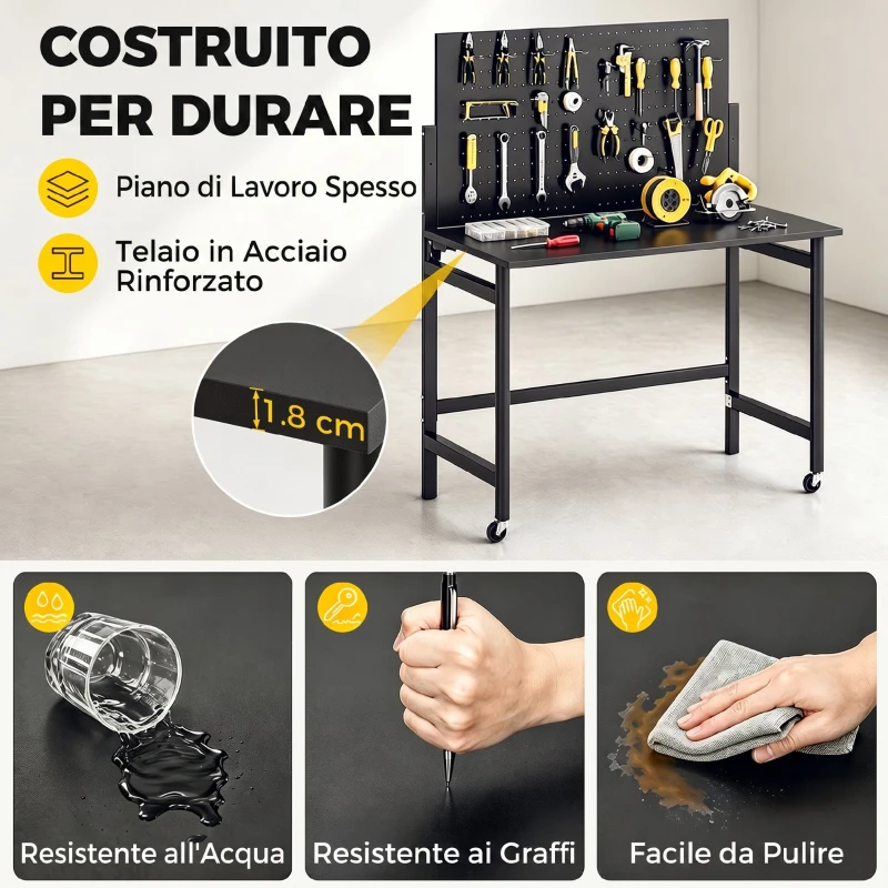HOMCOM Banco da Lavoro Pieghevole Portatile con Pannello Perforato, Piano Spesso in Legno, Struttura in Acciaio, Nero