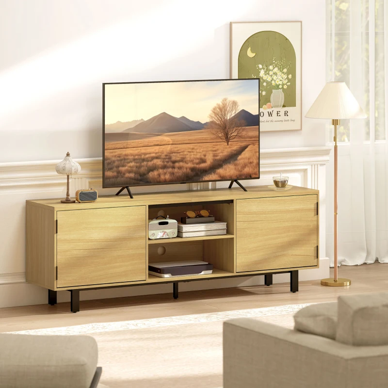 HOMCOM Meuble TV, meuble télé jusqu'à 65 pouces, 2 portes à ouverture par pression et 2 étagères, 160x35x55,5cm, bois naturel