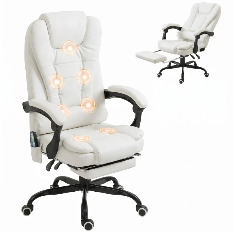 Vinsetto Scaun de birou de masaj, scaun de birou, scaun ergonomic cu înălțime reglabilă, spătar inclinabil și telecomandă cu fir, suport pentru picioare retractabil și pivotant la 360°, alb