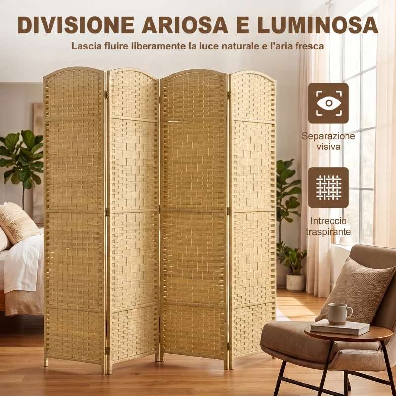 HOMCOM Paravento da Interno a 4 Pannelli Pieghevole, 180x180 cm Intrecciato in PP e Legno di Pino, Effetto Naturale