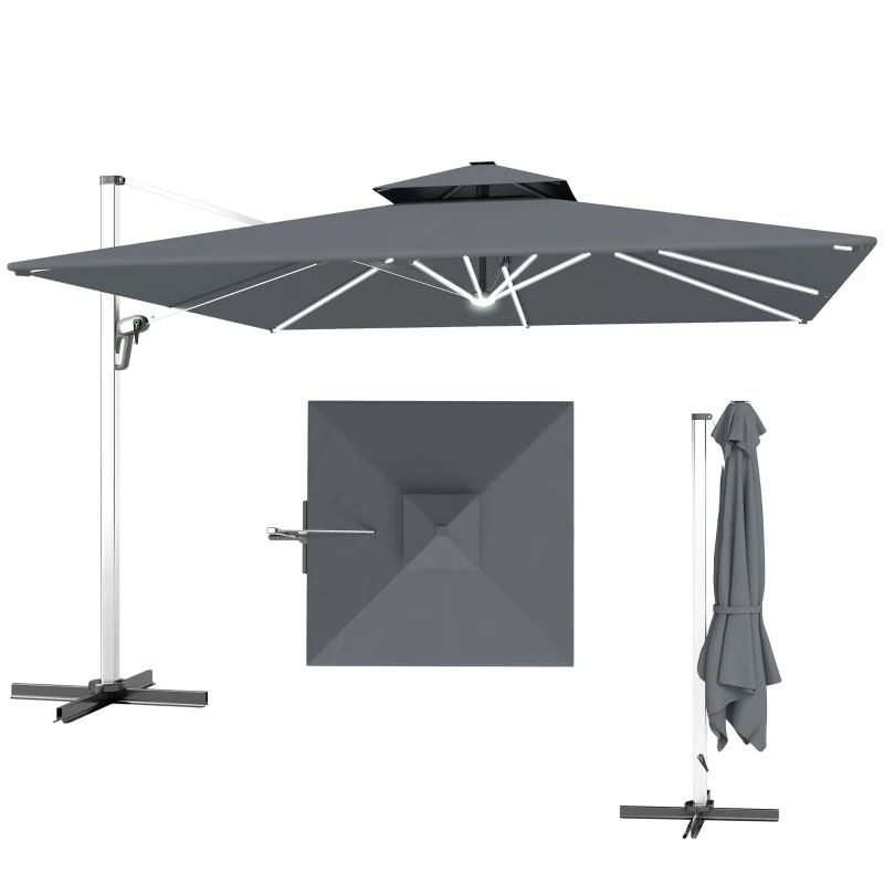 Outsunny 3(m) Garden Cantilever Parasol with Solar LED Lights, Cross Base, 360° Rotation, Crank Handle and Tilt, Grey
