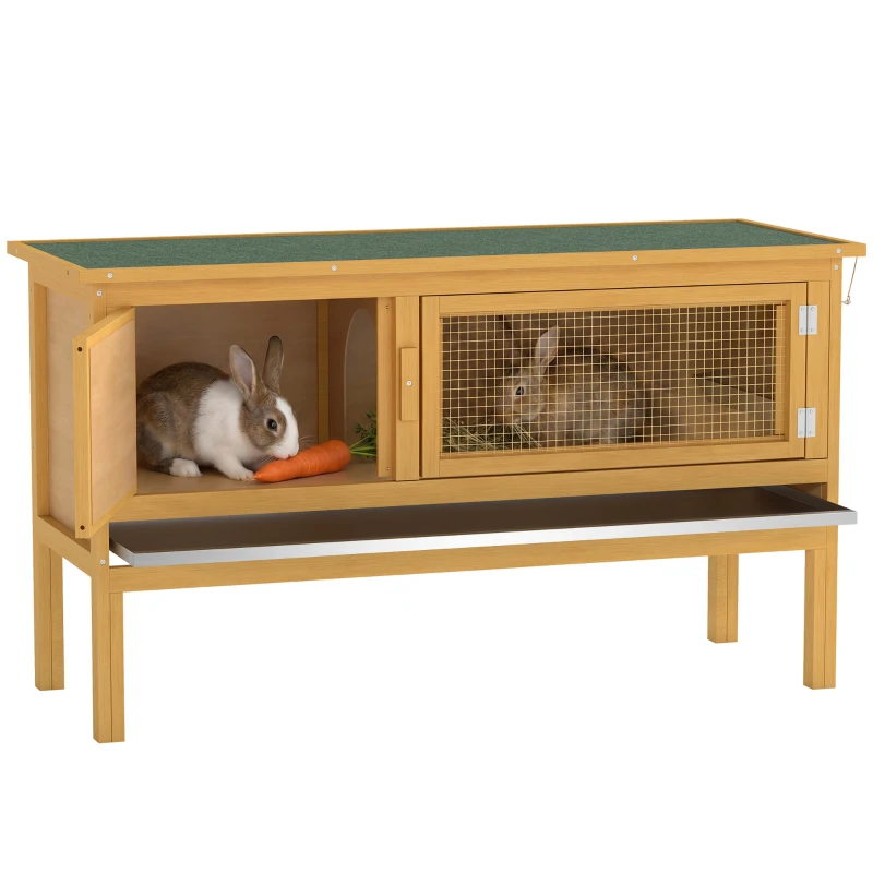 PawHut Cage lapin clapier lapin extérieur 2 portes bac coulissant pieds surélevés en bois massif 115 x 44,3 x 65 cm jaune clair