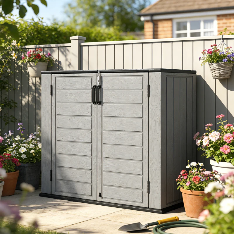 Outsunny Abrigo de Jardim Exterior de HDPE 940L com Tampa Dobrável e 2 Portas, Fecho para Armazenamento 142x67x119 cm Cinzento Claro