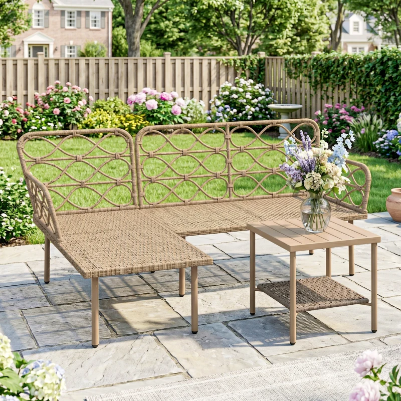Outsunny Set mobilier grădină colțar 4 persoane, 3 piese cu măsuță și perne confortabile incluse, ratan împletit, crem