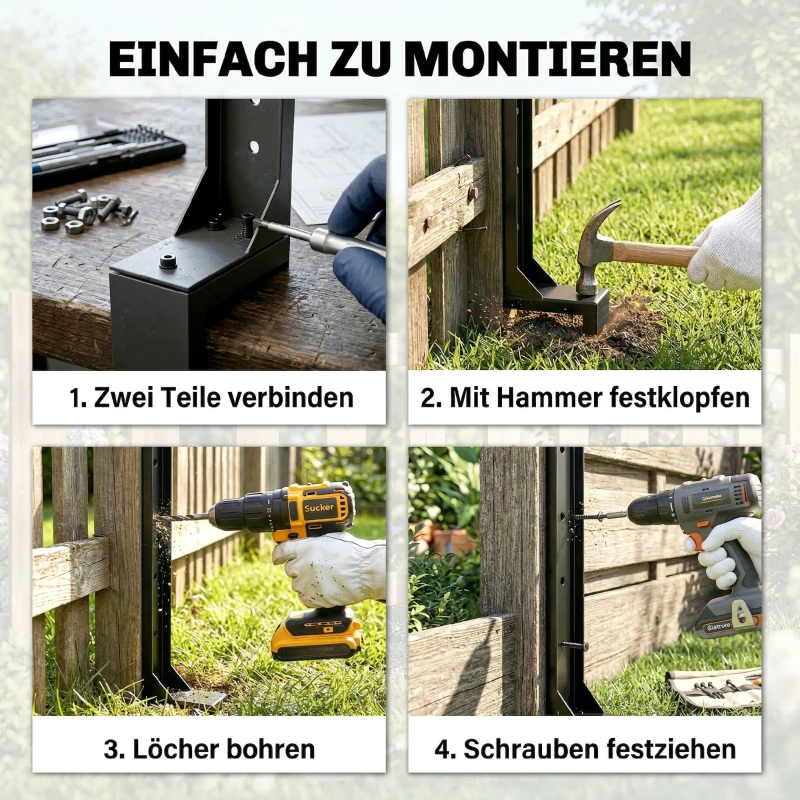 Outsunny Zaunpfosten Reparaturset 2er-Set Stützpfähle für Zaunpfosten mit Nägeln Bohrer 81 x 5,5 x 12 cm Schwarz