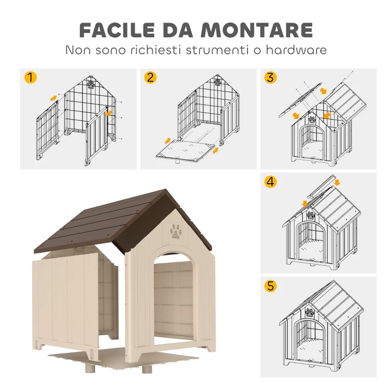 PawHut Cuccia per Cani Rialzata con Tetto Inclinato e Prese d'Aria, in PP, 88x78x89 cm, Beige e Marrone Scuro