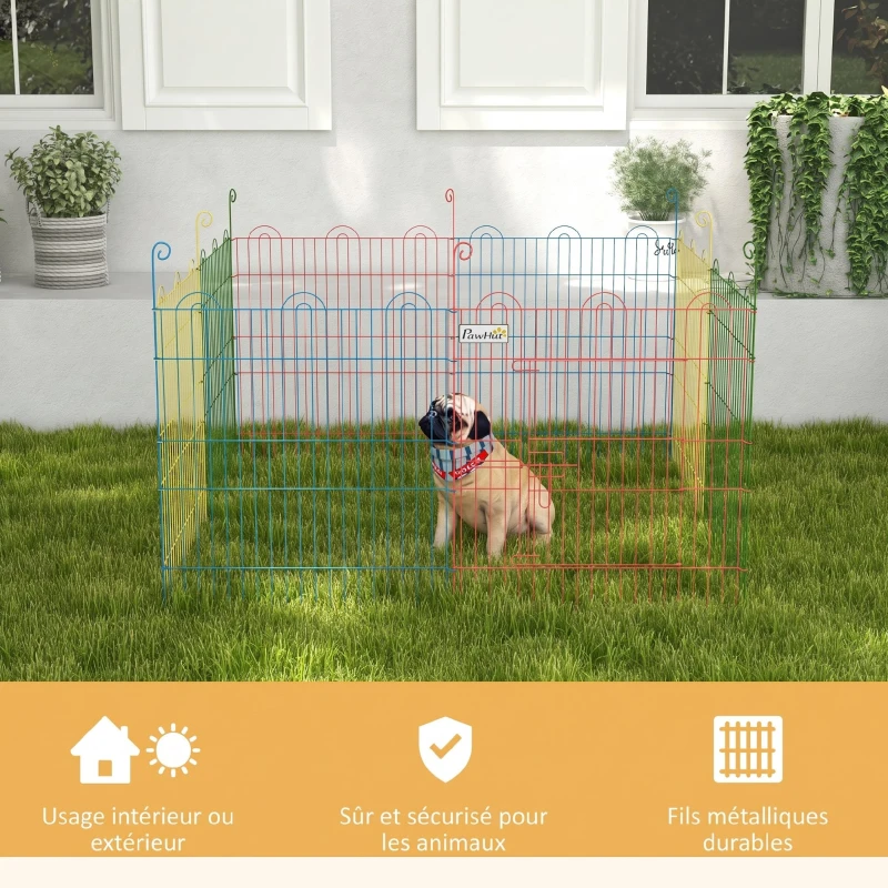PawHut Enclos Pliant en Acier pour Chiens, Lapins, Rongeurs, Petits Animaux, Intérieur et Extérieur, 8 Panneaux avec Porte