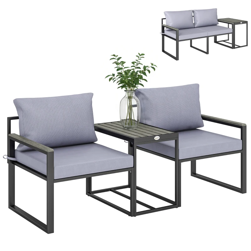 Outsunny 3-teiliges Balkonmöbel Set 2 Sessel mit Tisch abnehmbar Sitz-& Rückenkissen atmungsaktiv Bezug Grau