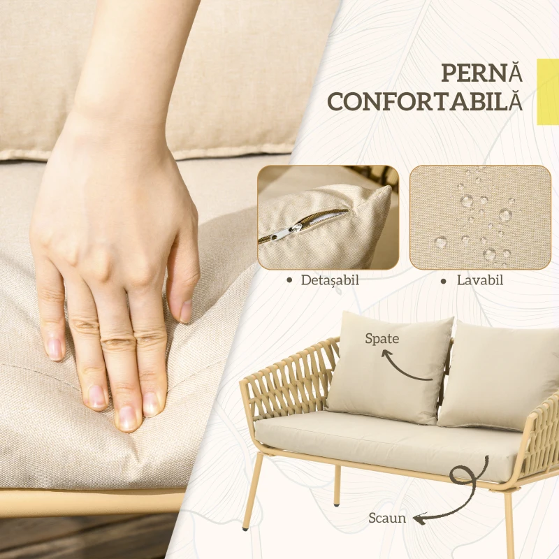 Outsunny Set Mobilier de Exterior cu Canapea cu 2 Locuri, 2 Fotolii cu Perne și Măsuță de Sticlă