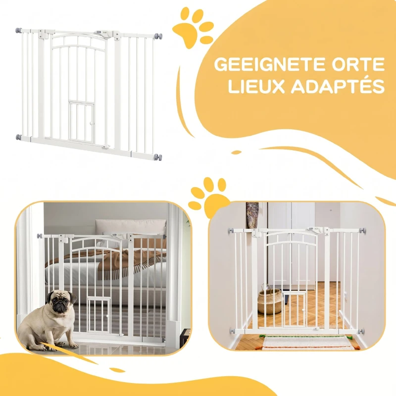 PawHut Uşa de Siguranţă pentru Câini, Barieră pentru Animale de Companie cu Ușă Mică pentru Pisici, 74-100x76 cm, Alb