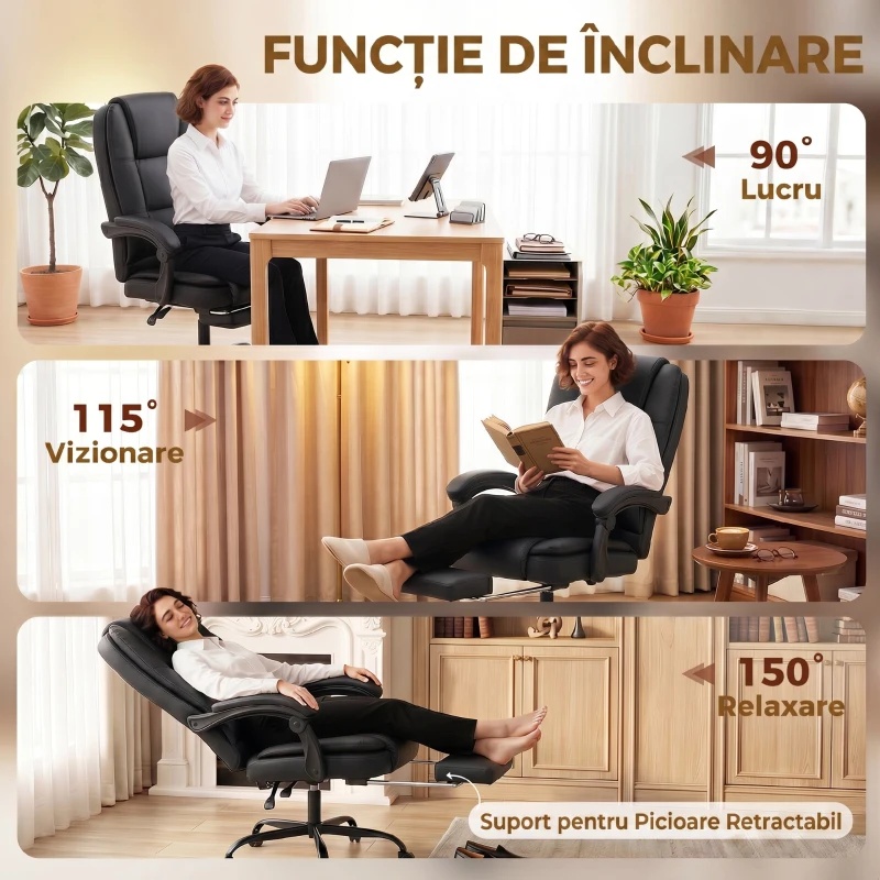 HOMCOM Scaun Birou Ergonomic Reclinabil Rotativ din Piele PU cu Suport pentru Picioare, Înălțime Reglabilă, Negru