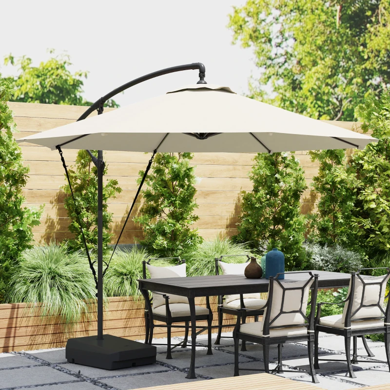 Outsunny 3(m) Garden Cantilever Parasol with Fillable Base up to 90kg, Wind Protection Strap, Cover, Round Banana Hanging Umbrella with Crank Handle and Tilt, UPF50+ Patio Umbrella, Cream