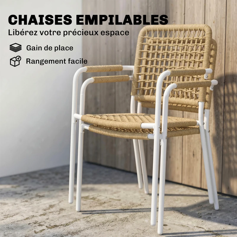 Outsunny Lot de 2 Chaises de Jardin Empilables en Résine Tressée avec Accoudoirs et Dossier, 55x57x82cm, Jaune
