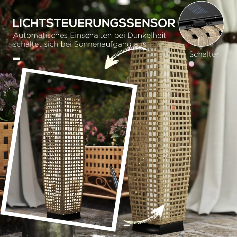 Outsunny Solar Stehlampe Rattan Solarlampen mit Lichtsensor Automatische LED Solarleuchte im Boho-Stil IP44 Wasserdicht