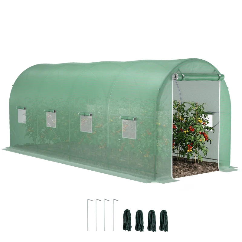 Outsunny Gewächshaus 500x200x205cm Foliengewächshaus Tomatenhaus mit Tür, 8 Fenster, Folientunnel aus verzinktem Stahl, PE, stabiles Treibhaus Pflanztunnel, inkl. Erdanker & Seilen, Grün