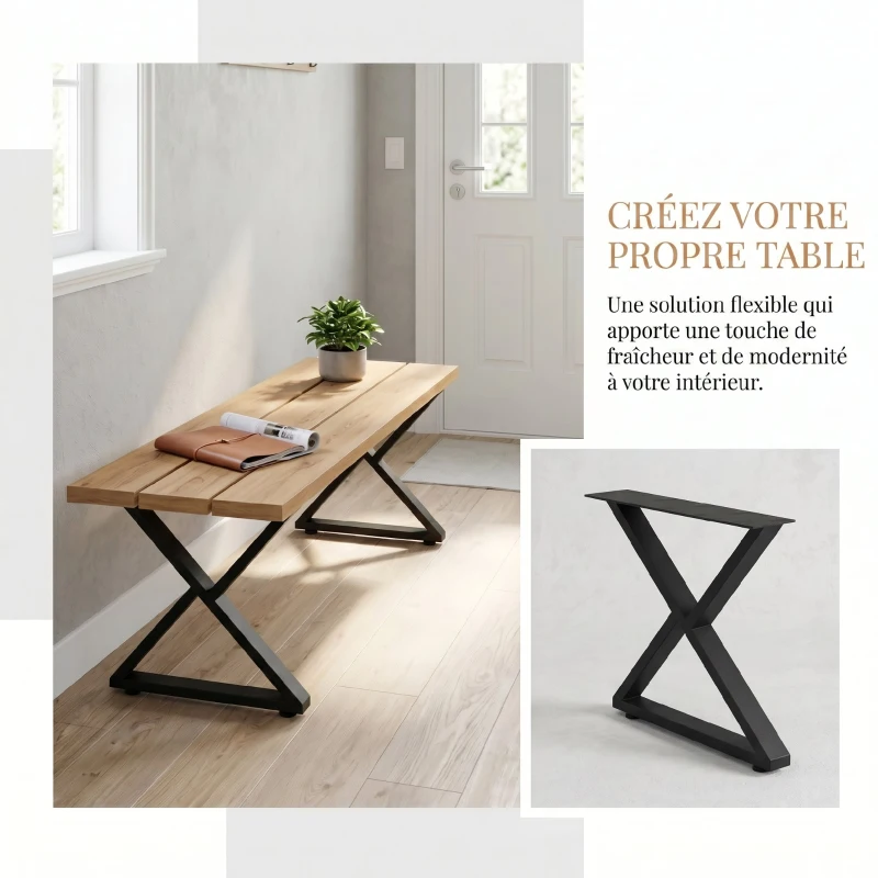 HOMCOM Pieds de table en acier, 60 x 43 cm, lot de 2 pieds de bureau en forme X avec patins réglables et vis, noir