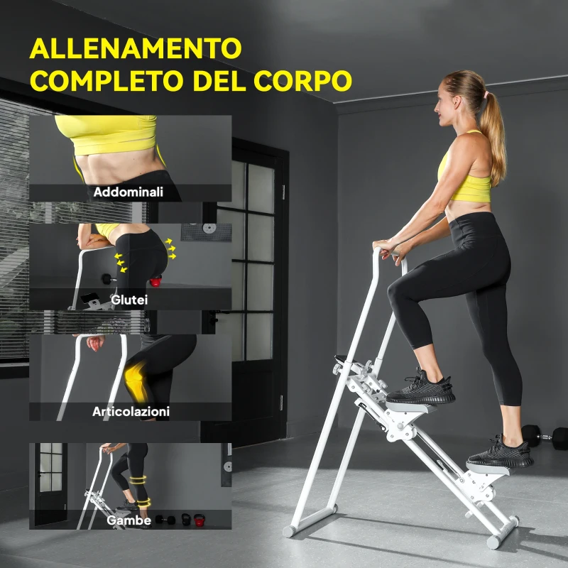 SPORTNOW Stepper Vertical Climber Pieghevole con Impugnatura Regolabile, Pedali Antiscivolo e Monitor LCD, Bianco