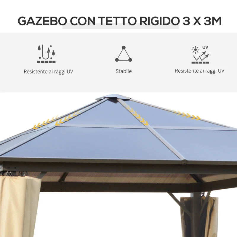 Outsunny Gazebo da Giardino 3x3m con Tetto in Policarbonato e Zanzariere, Caffè e Khaki