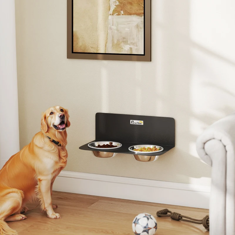 PawHut Wall Mount Dog Bowls, Adjustable Height Raised Dog Feeding Station with 2 Stainless Steel Bowls, 10kg Capacity, Black