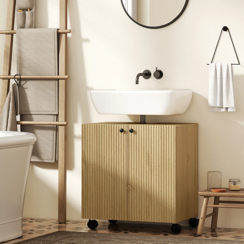 HOMCOM Waschbecken-Unterschrank für Badezimmer, 3-stufiges Regal, Räder, Holz