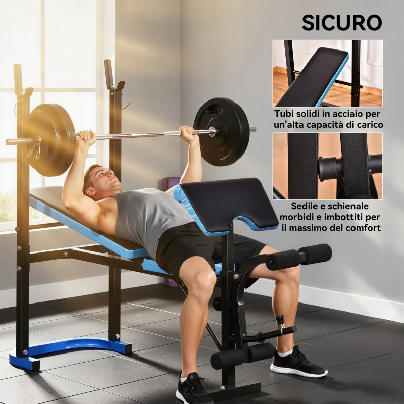 HOMCOM Panca Multifunzione con Supporto Bilanciere e Schienale Regolabile, in Acciaio e PU, 155x56.5x120 cm, Nero e Blu