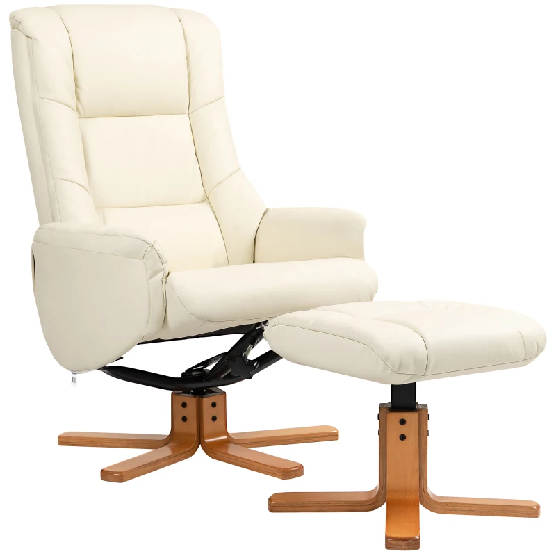 HOMCOM Relaxsessel mit Hocker, Liegefunktion, Kunstlederbezug, bis 150 kg, 71 x 84 x 102 cm, Cremeweiß(m-11)