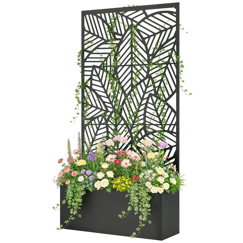 Outsunny Jardinière avec treillis, bac à fleurs, lit surélevé avec brise-vue, pour plantes grimpantes métal 90 x 30 x 170 cm noir