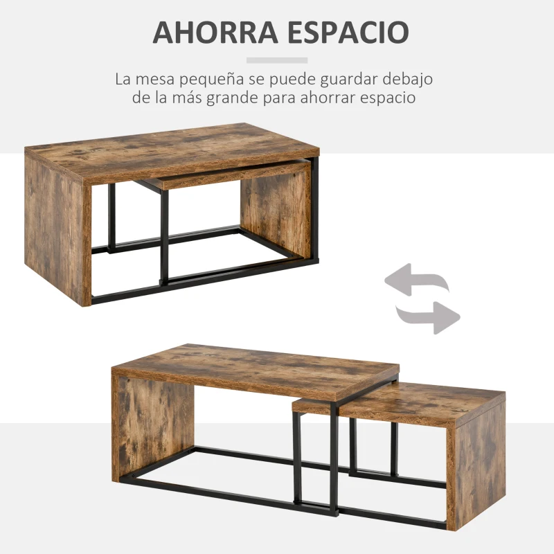 HOMCOM Juego de 2 Mesas de Centro, Mesa Nido Moderna, Mesitas Auxiliares, Marco de Metal, para Salón, Dormitorio, Grande 90x48x42 cm y Pequeña 59x42x36 cm, Marrón Rústico y Negro