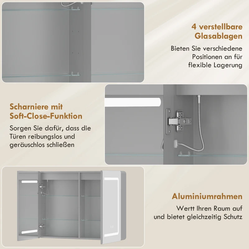 HOMCOM Spiegelschrank für das Badezimmer mit LED-Beleuchtung, 60 x 80 cm Badschrank mit Anti-Beschlag, 3-fach dimmbare