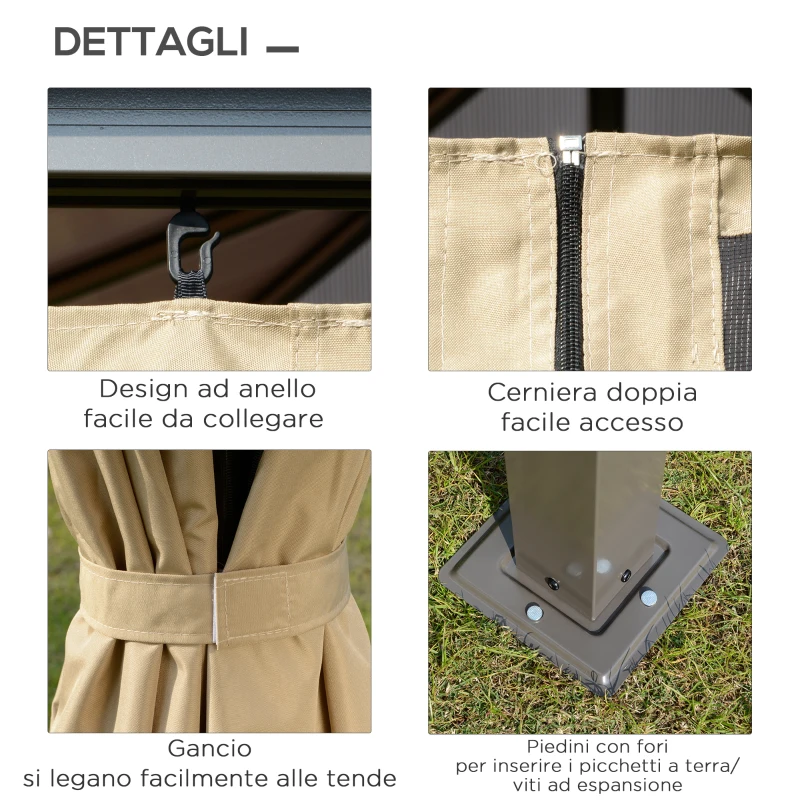 Outsunny Gazebo da Giardino 3x3m con Tetto in Policarbonato e Zanzariere, Caffè e Khaki
