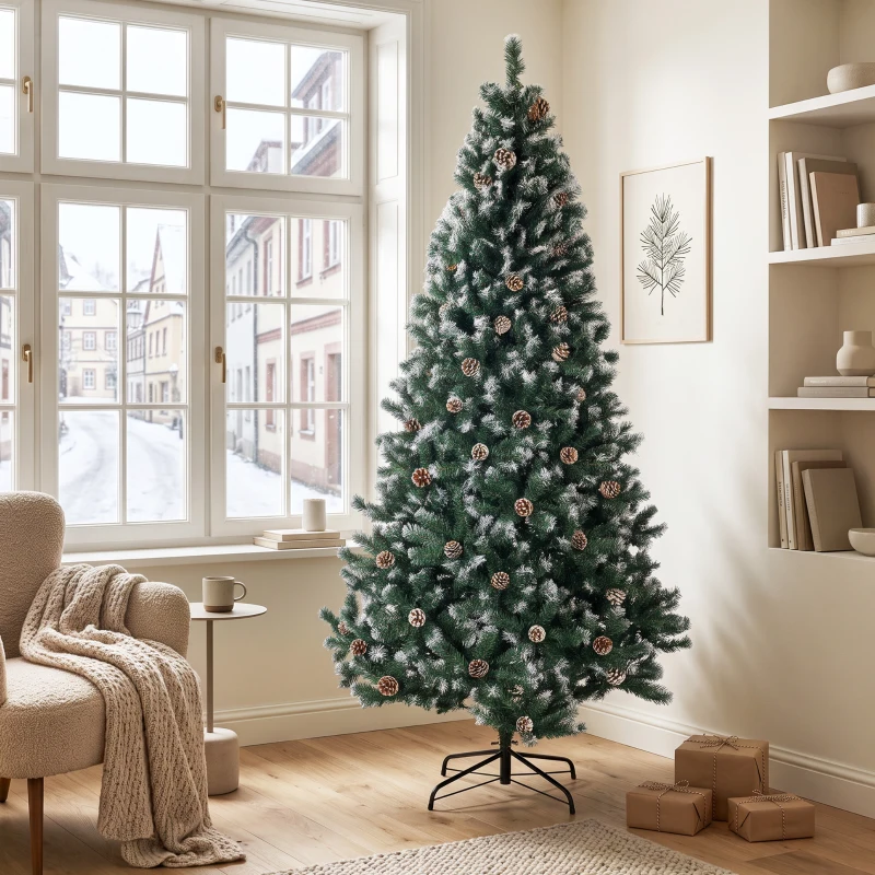 HOMCOM Árbol de Navidad 210cm con 998 Ramas Nevadas y Piñas Apertura Automática y Base Plegable, Verde