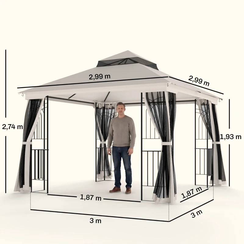 Outsunny Gartenpavillon mit Doppeldach Pavillon Gartenzelt Festzelt Partyzelt mit 4 x Seitenwand Metall+Polyester Beige 2,99 x 2,99 x 2,74 m