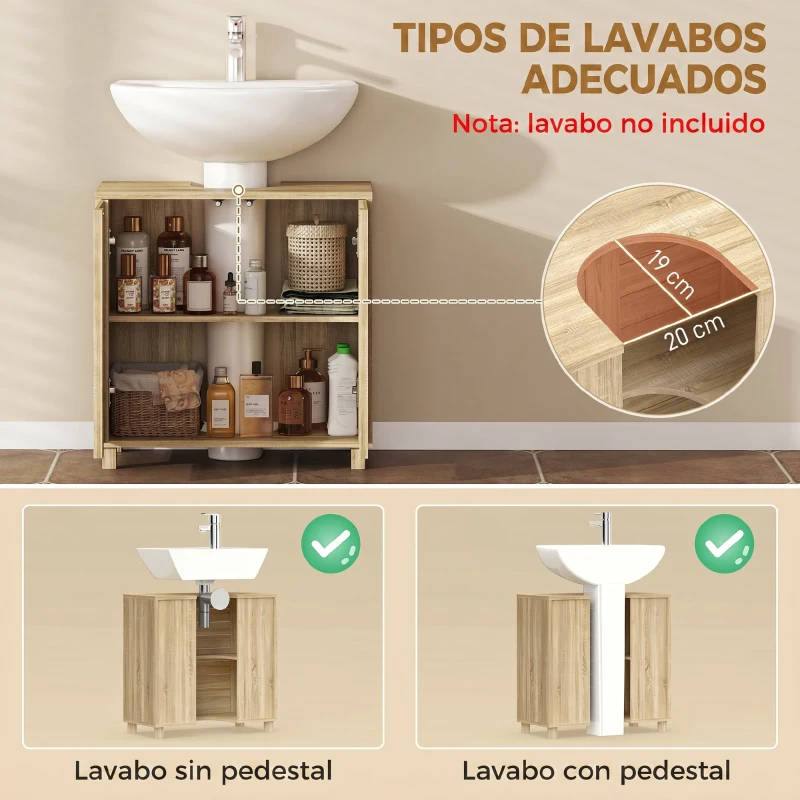 HOMCOM Mueble Bajo Lavabo con Estante Ajustable Puertas de Listones y Apertura por Presión para Lavabo con Pedestal o Pared