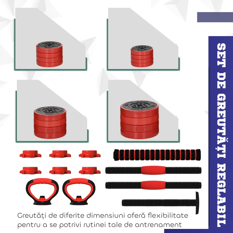 SPORTNOW Set Greutăți pentru Sală 4 în 1 de 30 kg, Convertibil în Kettlebell, 2 Gantere, Halteră și Suport pentru Flotări, Roșu